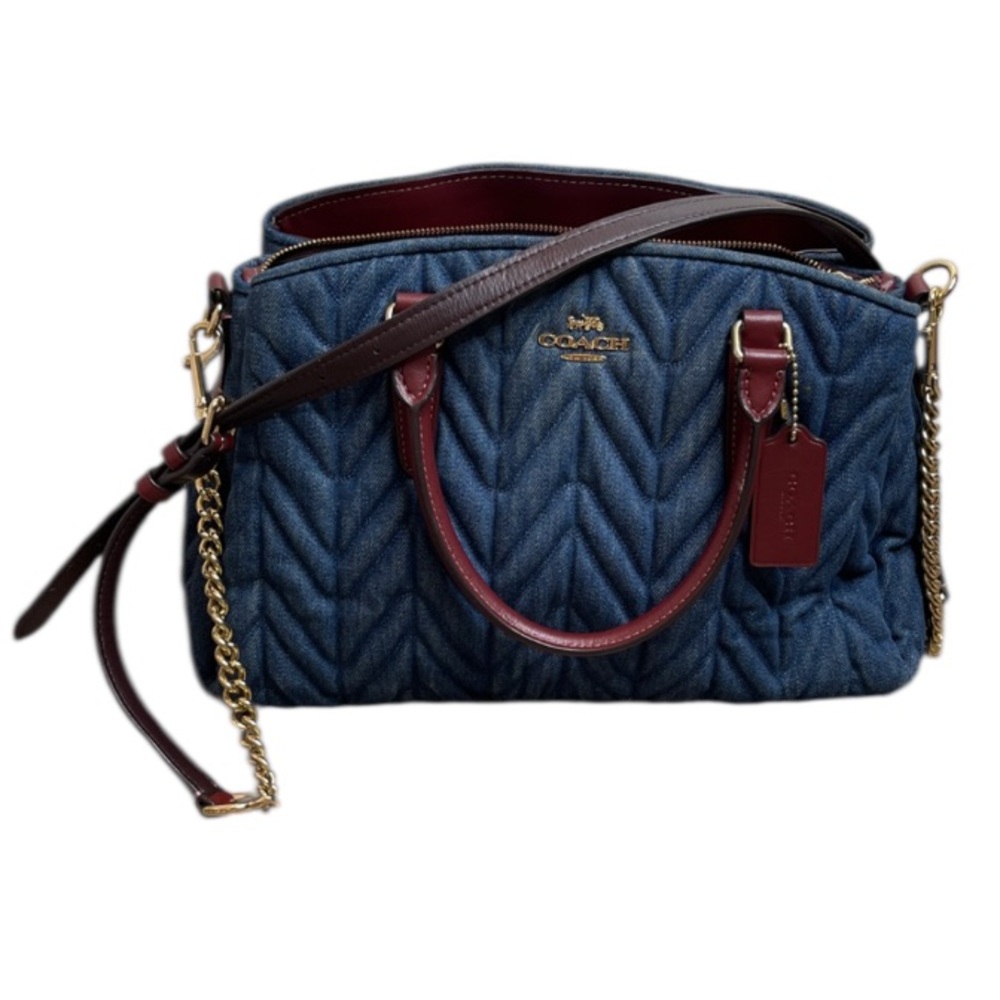 Coach Quilted Navy Denim Satchel with Burgundy Leather Trim - Picture 2 of 15